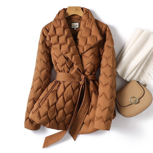 Winter Ripple-stitching Jacket With Belt Fashion Warm Pockets Lapel Coat Women's Temperament Lightweight Outwear Clothing